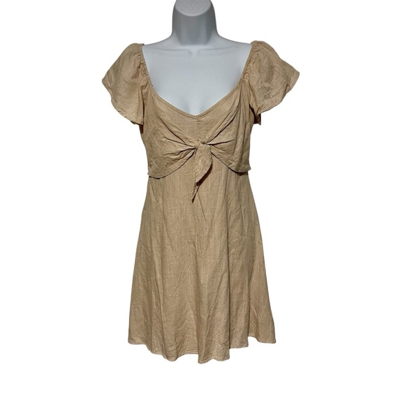 Copper Key Dresses & Skirts - Tan Linen Mini Sun Dress Tie Front Ruffle Sleeves Line Size Small Spring Easter